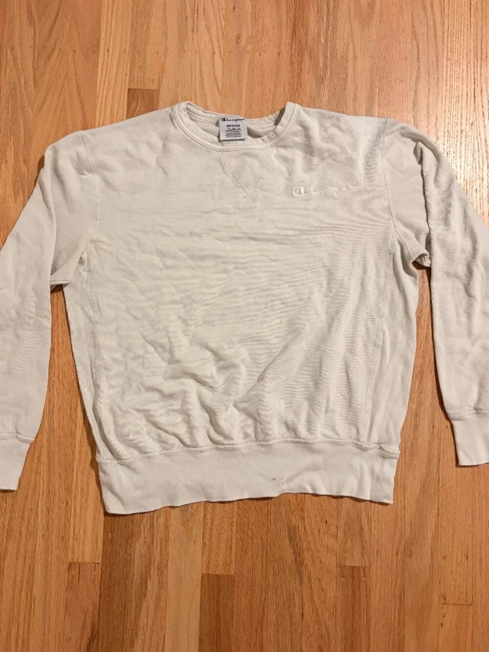 Champion Cream White Crewneck Sweatshirt Medium Script Embroidered Logo